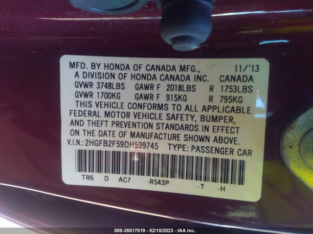 2013 HONDA CIVIC SDN LX VIN: 2HGFB2F59DH599745