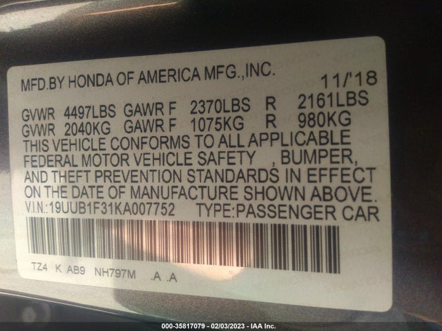 2019 Acura TLX, VIN: 19UUB1F31KA007752