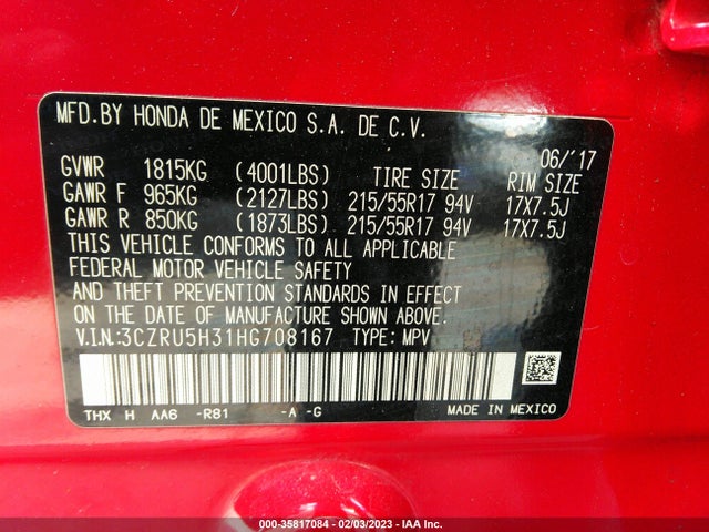2017 HONDA HR-V LX VIN: 3CZRU5H31HG708167