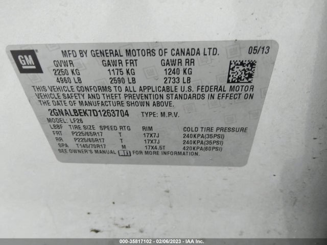 2013 CHEVROLET EQUINOX LS VIN: 2GNALBEK7D1263704