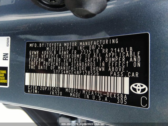 2022 TOYOTA COROLLA SE/SE NIGHTSHADE/APEX SE VIN: 5YFS4MCE4NP128556