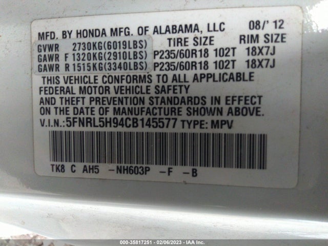 2012 HONDA ODYSSEY TOURING VIN: 5FNRL5H94CB145577