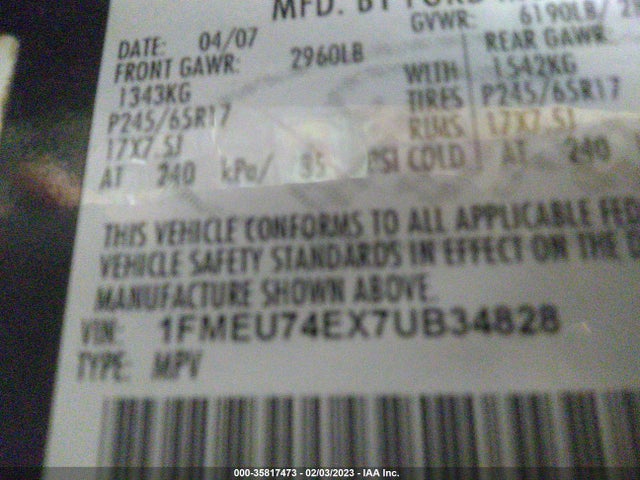 2007 FORD EXPLORER EDDIE BAUER VIN: 1FMEU74EX7UB34828