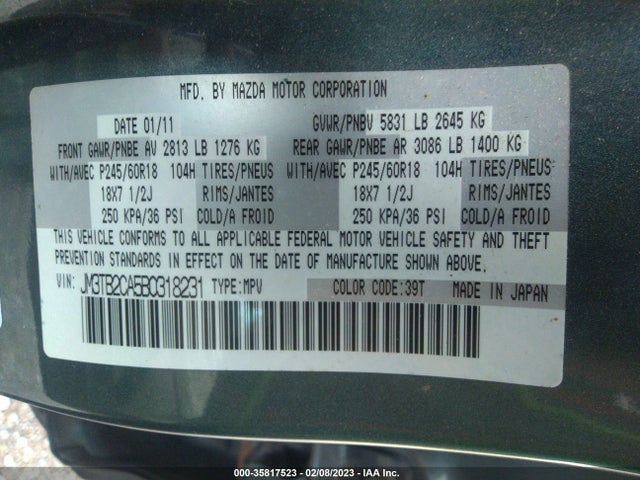 2011 MAZDA CX-9 TOURING VIN: JM3TB2CA5B0318231