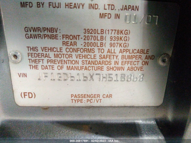 2007 SUBARU IMPREZA SEDAN I SPECIAL EDITION VIN: JF1GD616X7H518868