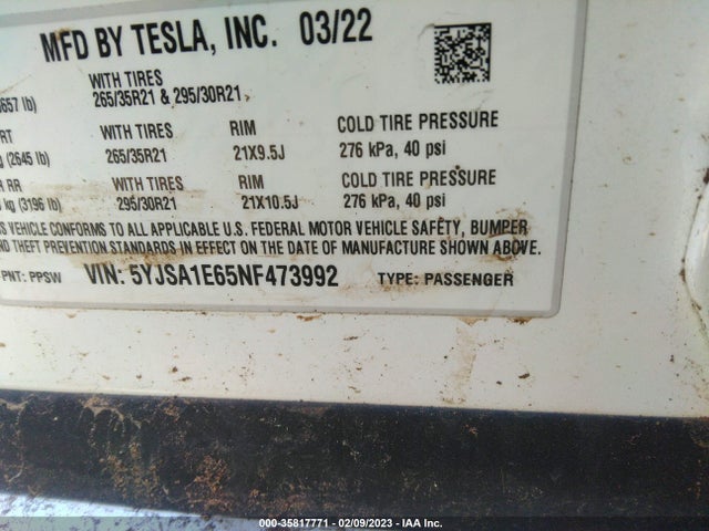 Tesla Model S Plaid 2022 5YJSA1E65NF473992 Image 9