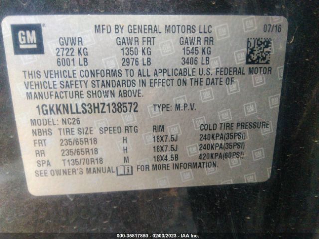 1GKKNLLS3HZ138572 GMC ACADIA SLE