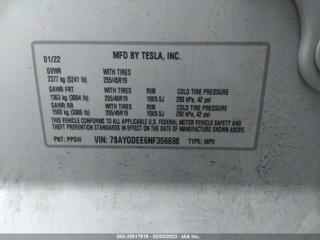 2022 Tesla Model Y, VIN: 7SAYGDEE6NF356698