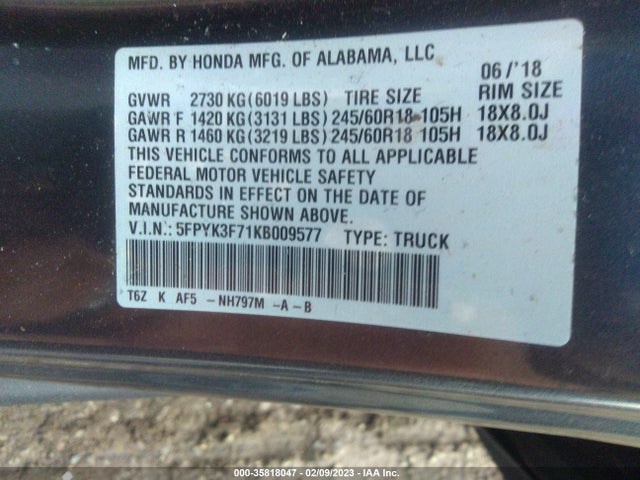 Honda Ridgeline 2019 5FPYK3F71KB009577 Image 9
