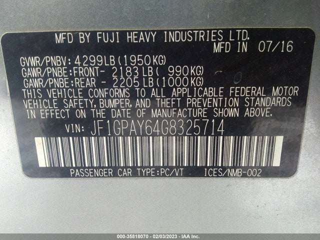 2016 Subaru Impreza, VIN: JF1GPAY64G8325714