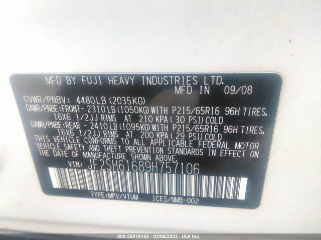 2009 SUBARU FORESTER X VIN: JF2SH61689H757106