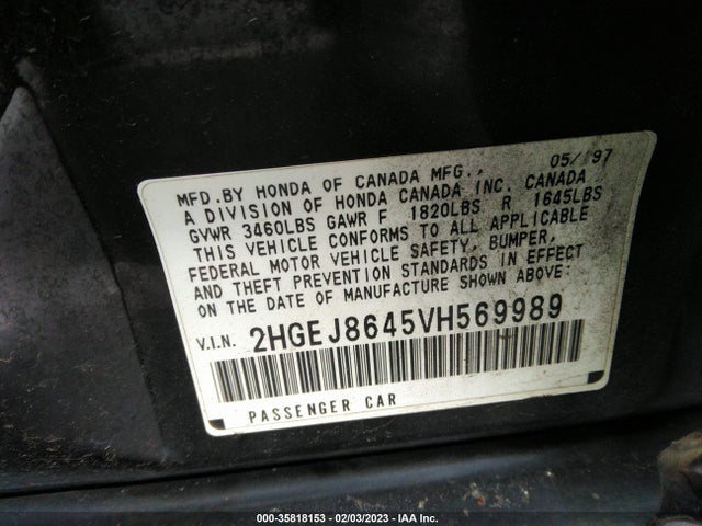 1997 HONDA CIVIC EX VIN: 2HGEJ8645VH569989