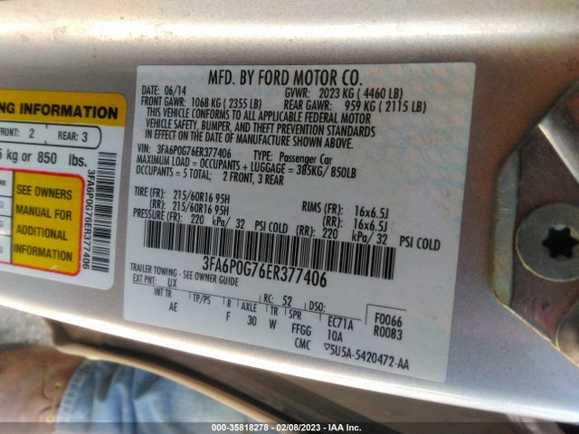 Ford FUSION S 2014 3FA6P0G76ER377406 Image 10