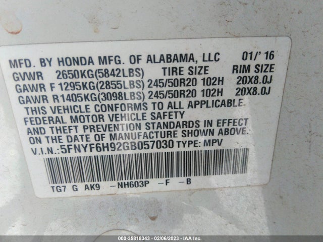 Honda Pilot Touring 2016 5FNYF6H92GB057030 Image 9