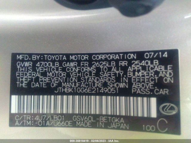 JTHBK1GG6E2149051 Lexus ES 350