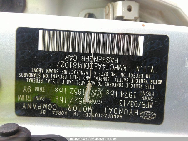 2013 HYUNDAI ACCENT GLS VIN: KMHCT4AE0DU481027