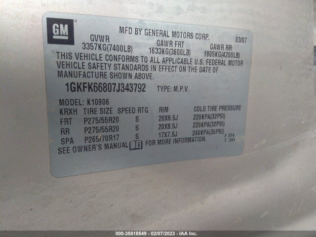 GMC YUKON XL DENALI 2007 1GKFK66807J343792 Image 9