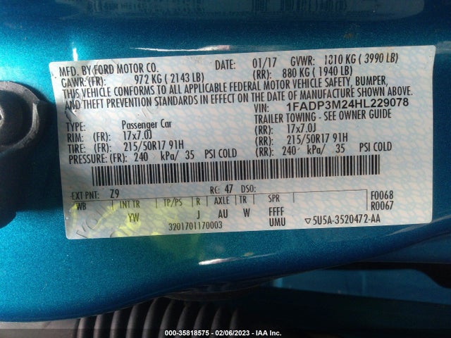 2017 FORD FOCUS SEL VIN: 1FADP3M24HL229078