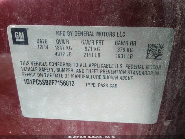 2015 CHEVROLET CRUZE LT VIN: 1G1PC5SB0F7156873