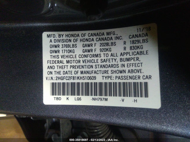 2019 Honda Civic, VIN: 2HGFC2F81KH510609