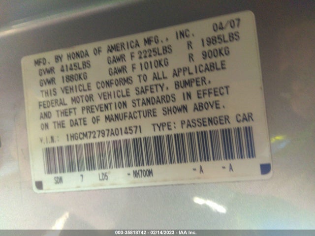 2007 HONDA ACCORD CPE EX/EX-L VIN: 1HGCM72797A014571