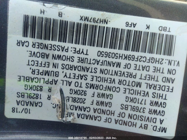 Honda Civic Sedan Lx 2019 2HGFC2F69KH503650 Image 10