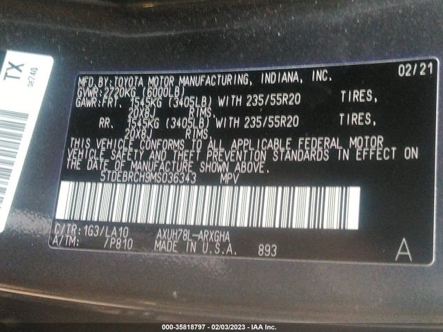 2021 Toyota Highlander, VIN: 5TDEBRCH9MS036343