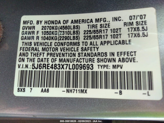 2007 HONDA CR-V LX VIN: 5J6RE483X7L009693