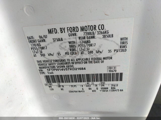 2007 FORD F-150 XLT/FX4/LARIAT/KING RANCH VIN: 1FTPW14V57KD21684