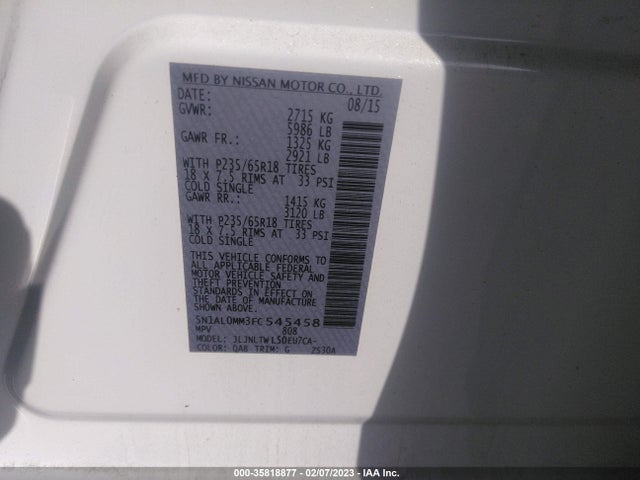 2015 INFINITI QX60 VIN: 5N1AL0MM3FC545458