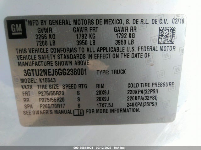2016 GMC Sierra 1500, VIN: 3GTU2NEJ6GG238001