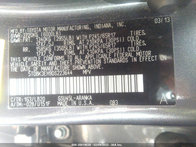 2013 TOYOTA HIGHLANDER VIN: 5TDBK3EH9DS223644