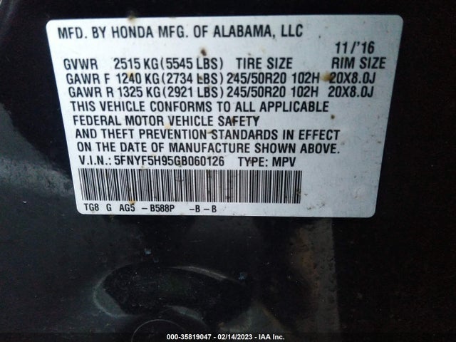Honda Pilot Touring 2016 5FNYF5H95GB060126 Image 10