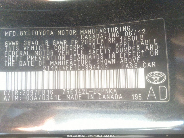 2012 TOYOTA COROLLA L/LE/S VIN: 2T1BU4EE1CC894433