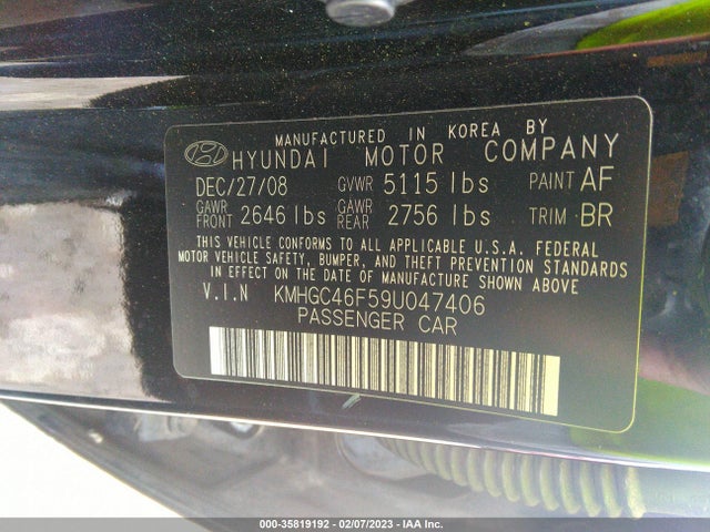 2009 HYUNDAI GENESIS VIN: KMHGC46F59U047406