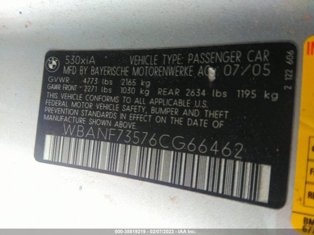 2006 BMW 5 SERIES 530XI VIN: WBANF73576CG66462