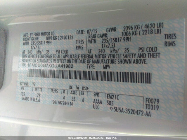 2016 Ford Escape, VIN: 1FMCU0G7XGUA41982