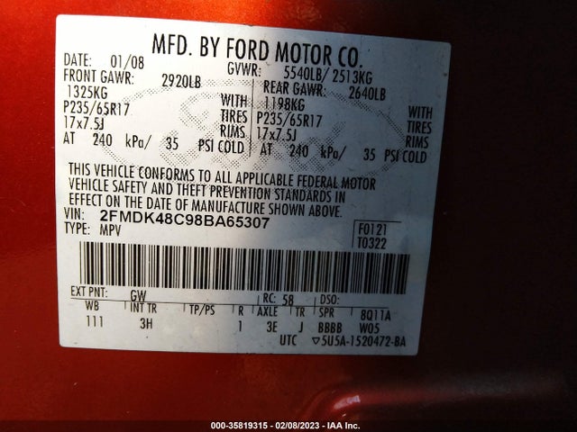 2008 FORD EDGE SEL VIN: 2FMDK48C98BA65307
