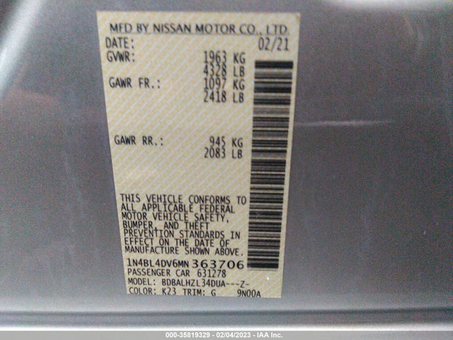 2021 NISSAN ALTIMA 2.5 SV VIN: 1N4BL4DV6MN363706