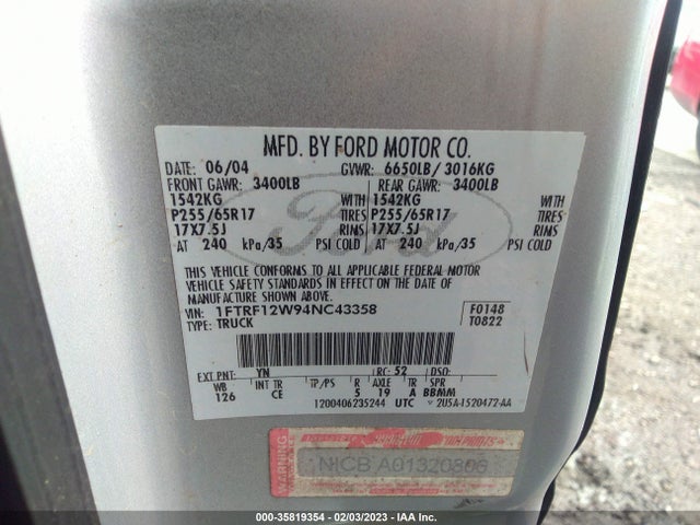 2004 FORD F-150 XL/STX/XLT VIN: 1FTRF12W94NC43358