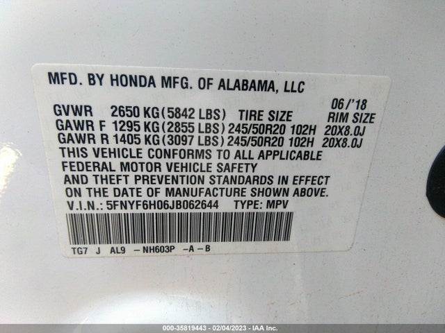 Honda Pilot Elite 2018 5FNYF6H06JB062644 Image 9