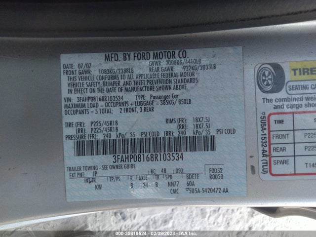 2008 FORD FUSION SEL VIN: 3FAHP08168R103534