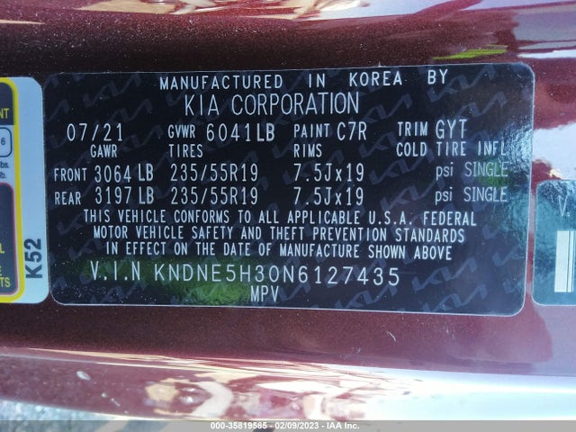 2022 KIA CARNIVAL SX VIN: KNDNE5H30N6127435