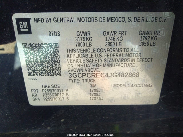 2018 CHEVROLET SILVERADO 1500 LT VIN: 3GCPCREC4JG482868