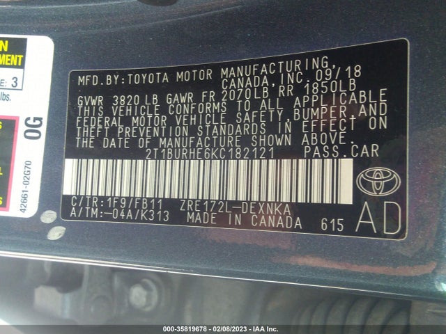 2019 Toyota Corolla, VIN: 2T1BURHE6KC182121