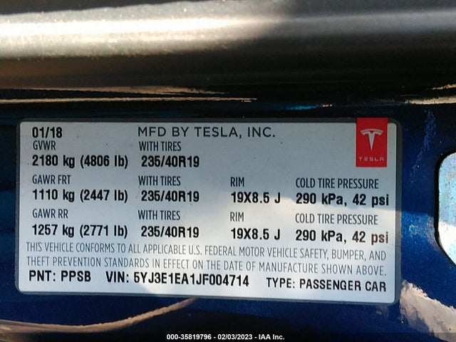 Tesla Model 3 Range Battery 2018 5YJ3E1EA1JF004714 Image 11