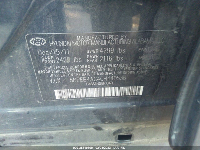 2012 HYUNDAI SONATA GLS PZEV VIN: 5NPEB4AC4CH440536