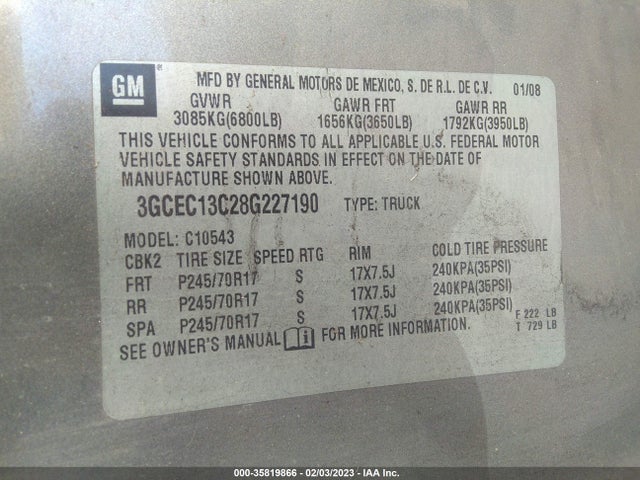 2008 CHEVROLET SILVERADO 1500 LS VIN: 3GCEC13C28G227190