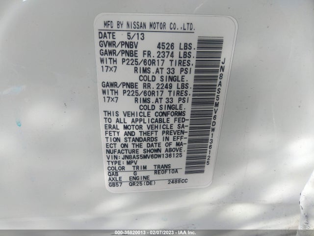 2013 NISSAN ROGUE SV VIN: JN8AS5MV6DW136125
