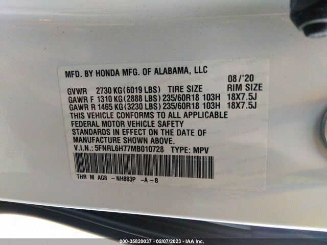 2021 Honda Odyssey, VIN: 5FNRL6H77MB010728